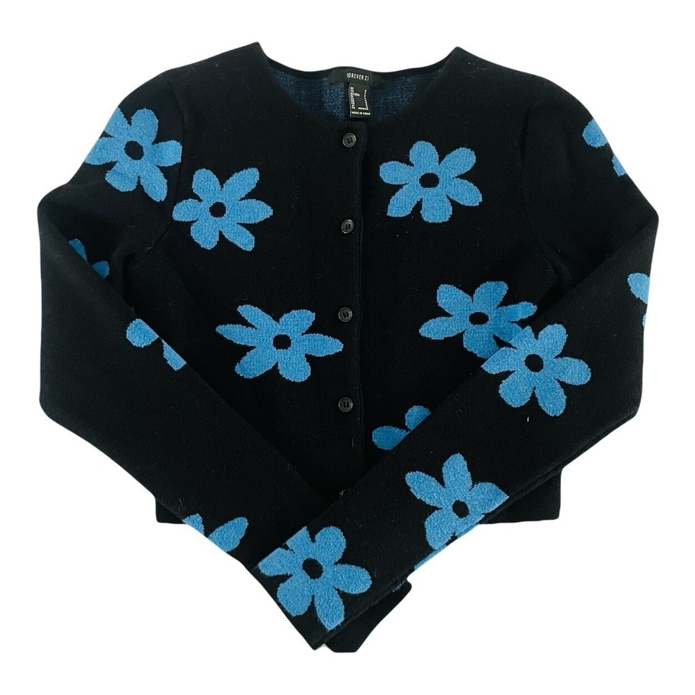 Forever 21 Floral Cardigan Sweater Womens Small Black Blue Cropped Button Front